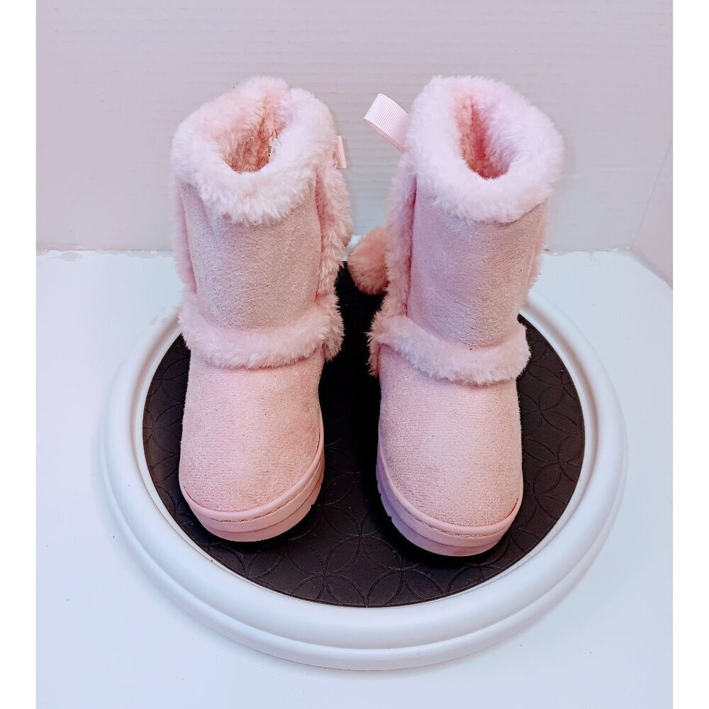 BeBe Pink Faux Fur Lined Winter Boots For Kids With Pom Pom Embellishments Size